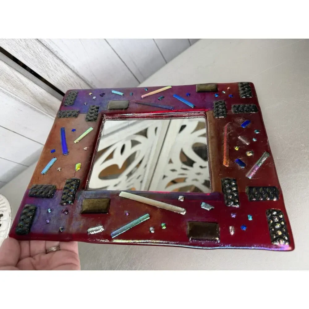 VTG Handmade Fused Mosaic Mirror Art Multi-Color Bright Red Metallic